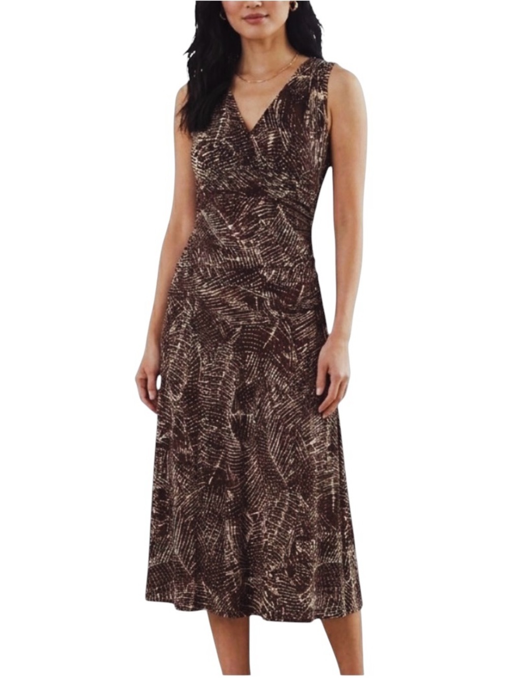 Karen Kane Y2K Brown patterned midi dress draped V-neckline ruching Sz XL